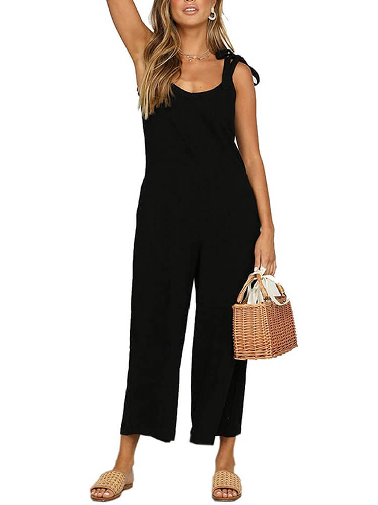 Solid Color Casual Loose Bow Strap Sleeveless Jumpsuit