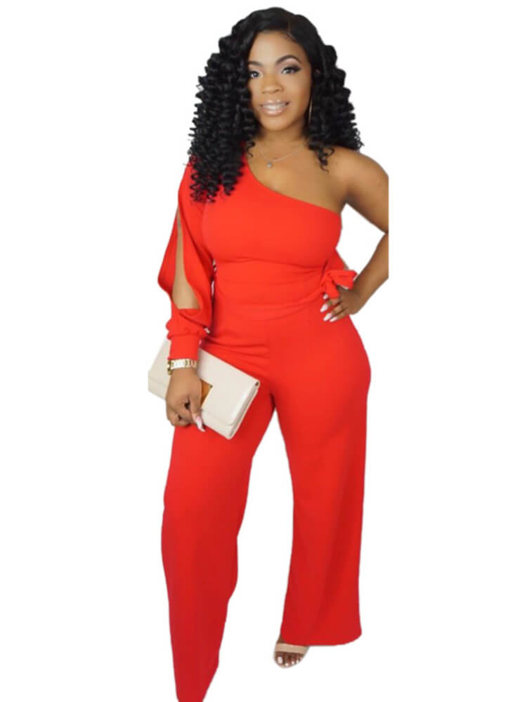 One Shoulder Slit Sleeve Solid Color Wide Leg Pant Jumpsuits