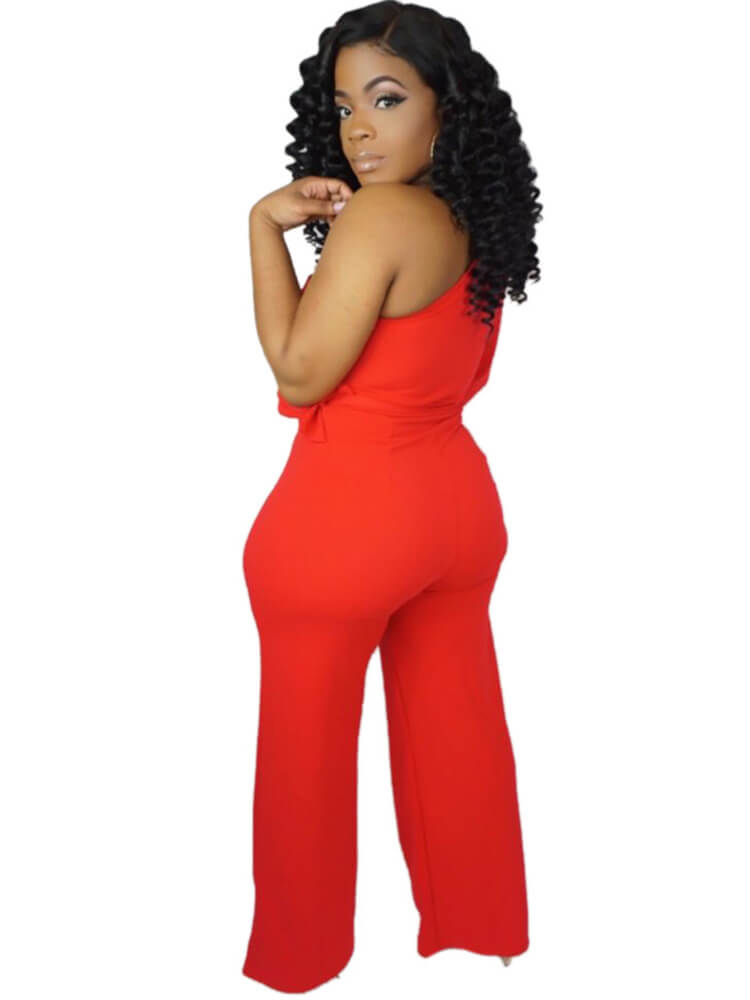 One Shoulder Slit Sleeve Solid Color Wide Leg Pant Jumpsuits