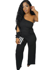 One Shoulder Slit Sleeve Solid Color Wide Leg Pant Jumpsuits