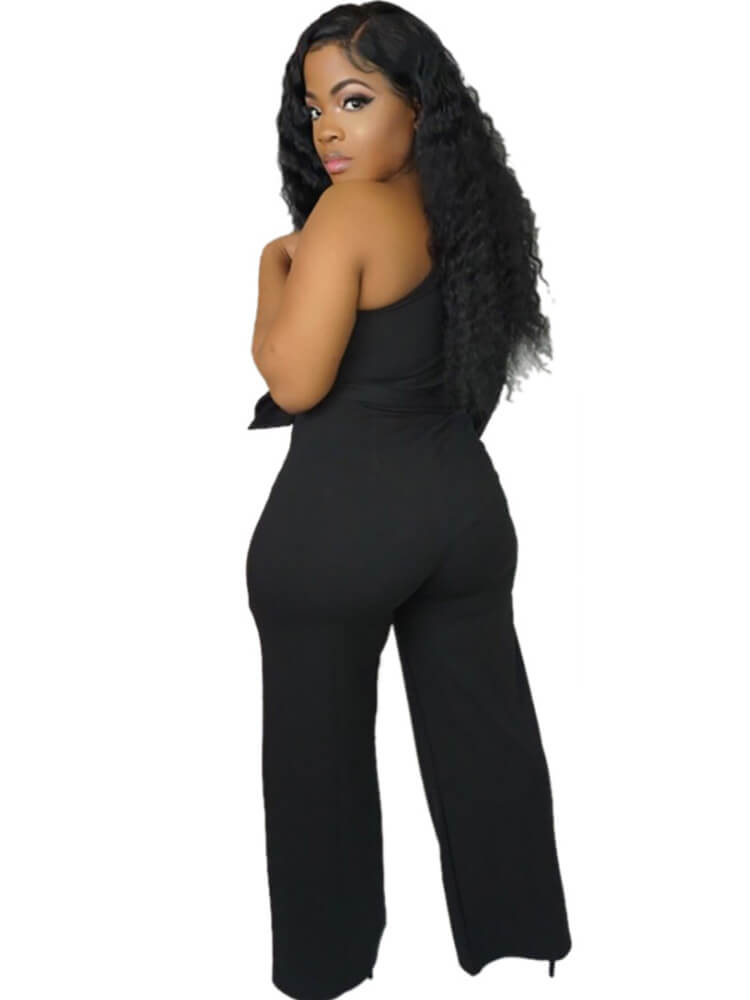 One Shoulder Slit Sleeve Solid Color Wide Leg Pant Jumpsuits