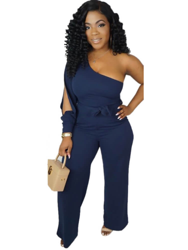 One Shoulder Slit Sleeve Solid Color Wide Leg Pant Jumpsuits