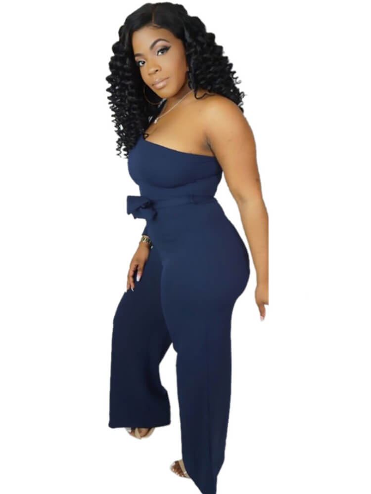 One Shoulder Slit Sleeve Solid Color Wide Leg Pant Jumpsuits