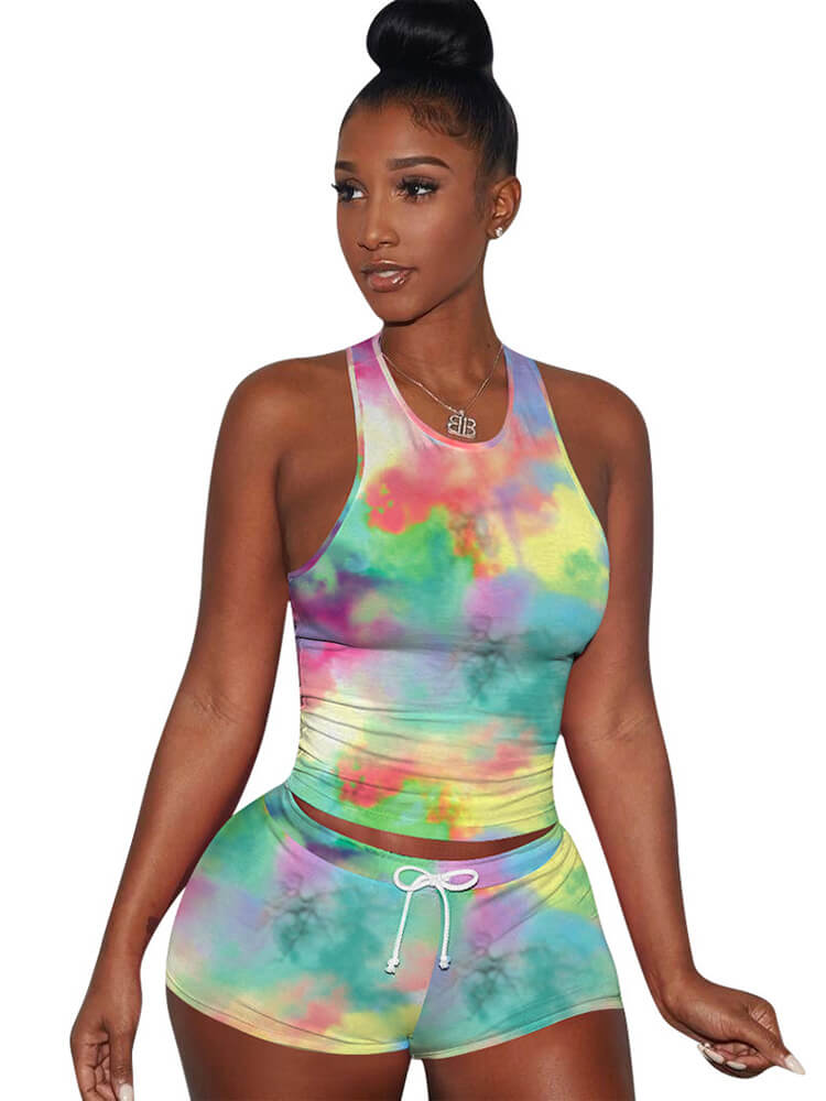 Two Pieces Colorful Tie Dye Cartoon Shorts Sets