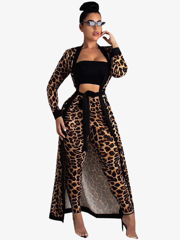 Two Piece Leopard Print Open Cardigan+Pants Sets