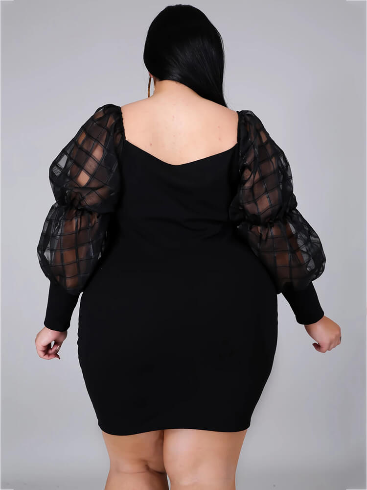 Plus Size Long Sleeve Hollow Out Mesh Mini Dresses