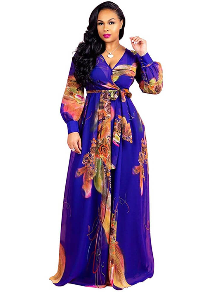 Chiffon Floral Printed V Neck Wrap Boho Maxi Dresses