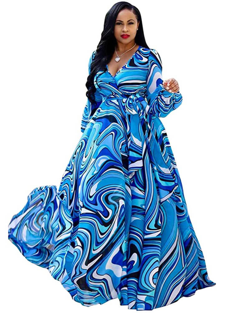 Chiffon Floral Printed V Neck Wrap Boho Maxi Dresses