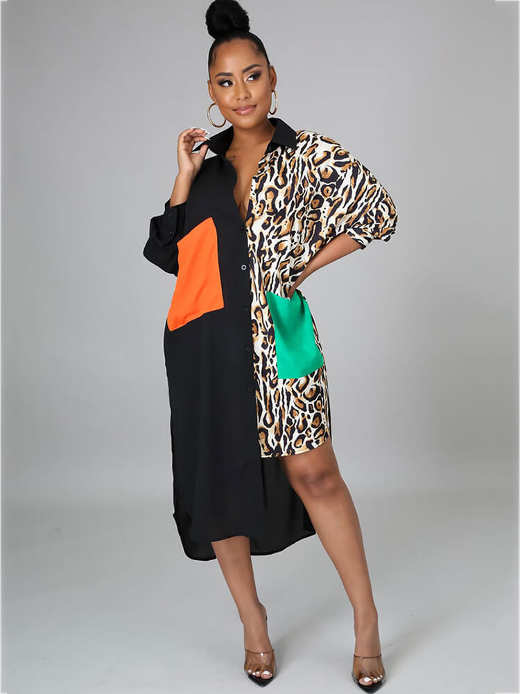 Oversize Irregular Leopard Print Patchwork Shirt Dresses