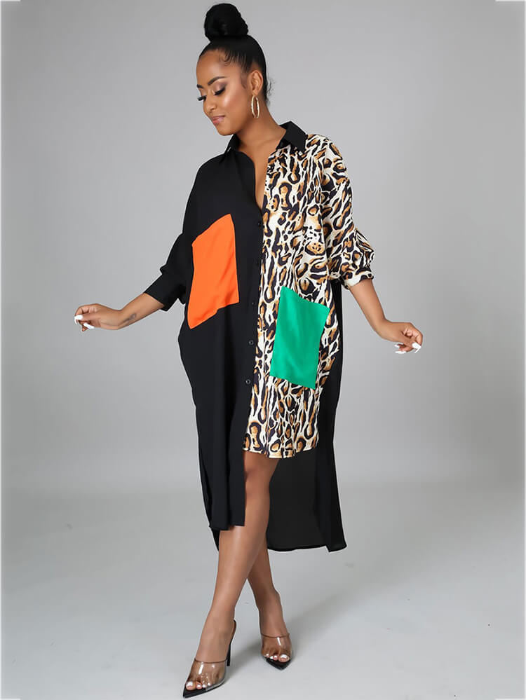 Oversize Irregular Leopard Print Patchwork Shirt Dresses