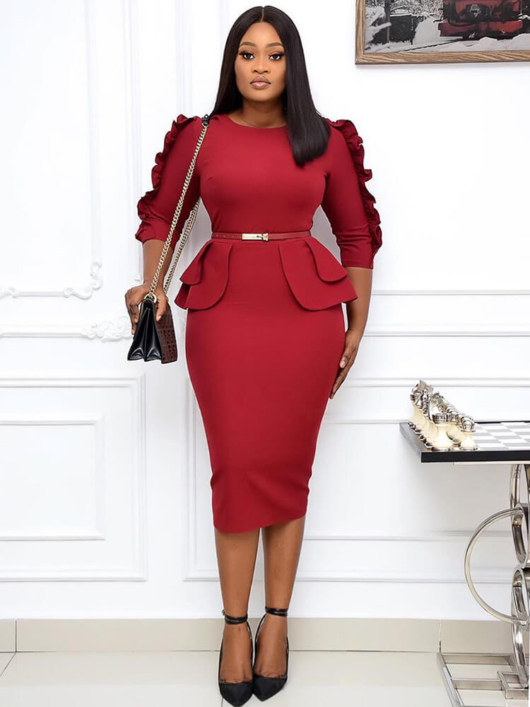 Office Lady Ruffle Long Sleeve Peplum Waist Pencil Dresses