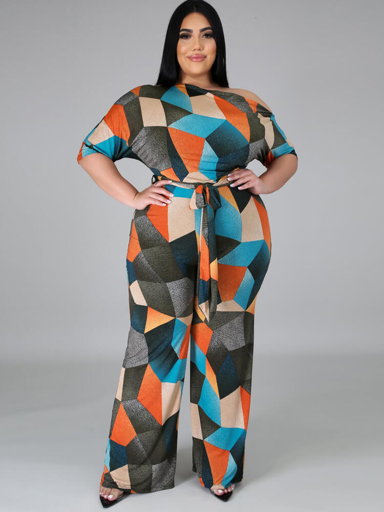 Plus Size Wide Leg Slanted One Shoulder Belted Jumpsuits