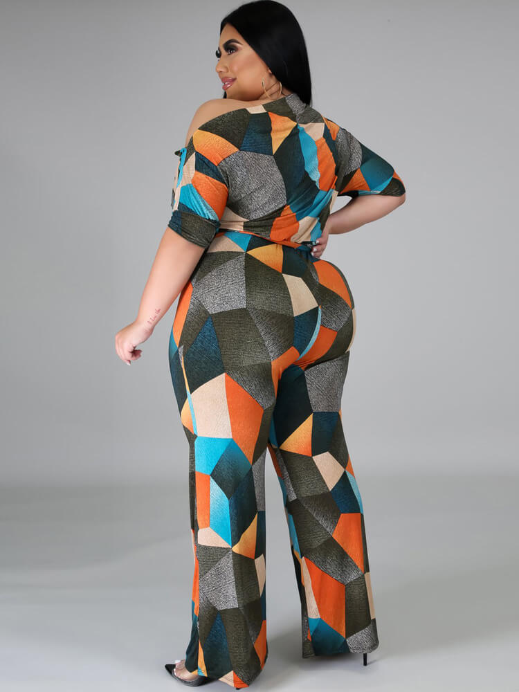 Plus Size Wide Leg Slanted One Shoulder Belted Jumpsuits