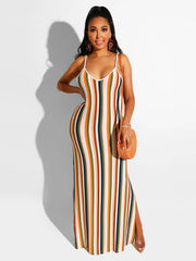 Colorful Striped Spaghetti Strap Drawstring Dresses