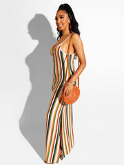 Colorful Striped Spaghetti Strap Drawstring Dresses