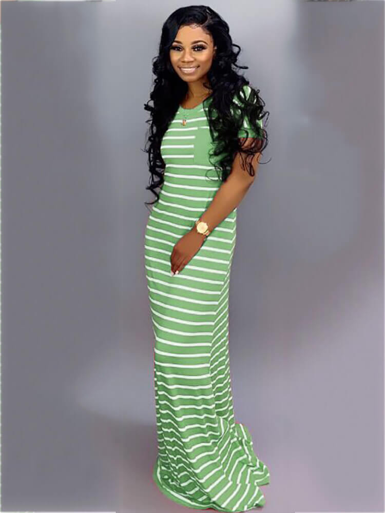 Short Sleeve Crew Neck Stripe Pocket Maxi Dresses