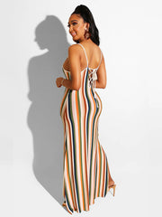 Colorful Striped Spaghetti Strap Drawstring Dresses