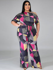 Plus Size Wide Leg Slanted One Shoulder Belted Jumpsuits