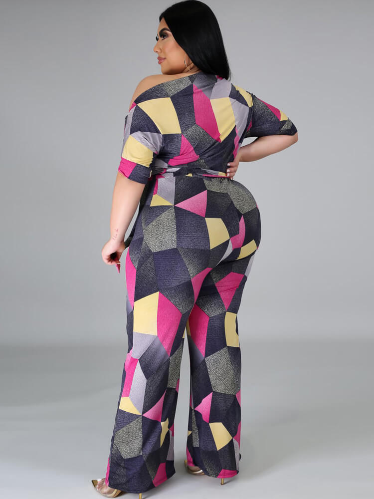 Plus Size Wide Leg Slanted One Shoulder Belted Jumpsuits