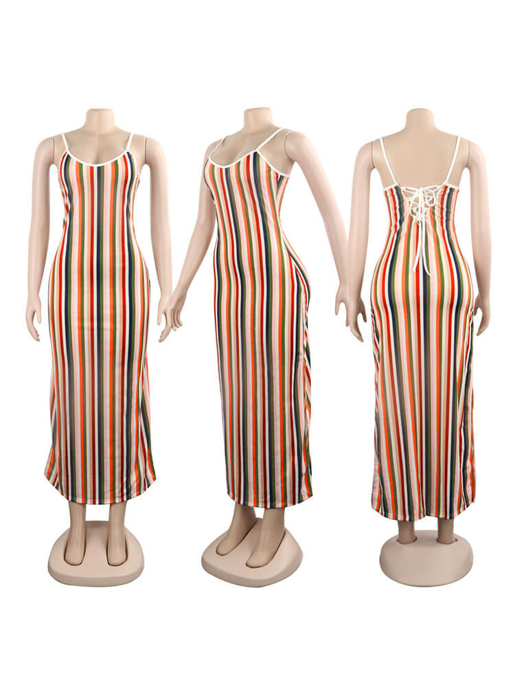 Colorful Striped Spaghetti Strap Drawstring Dresses