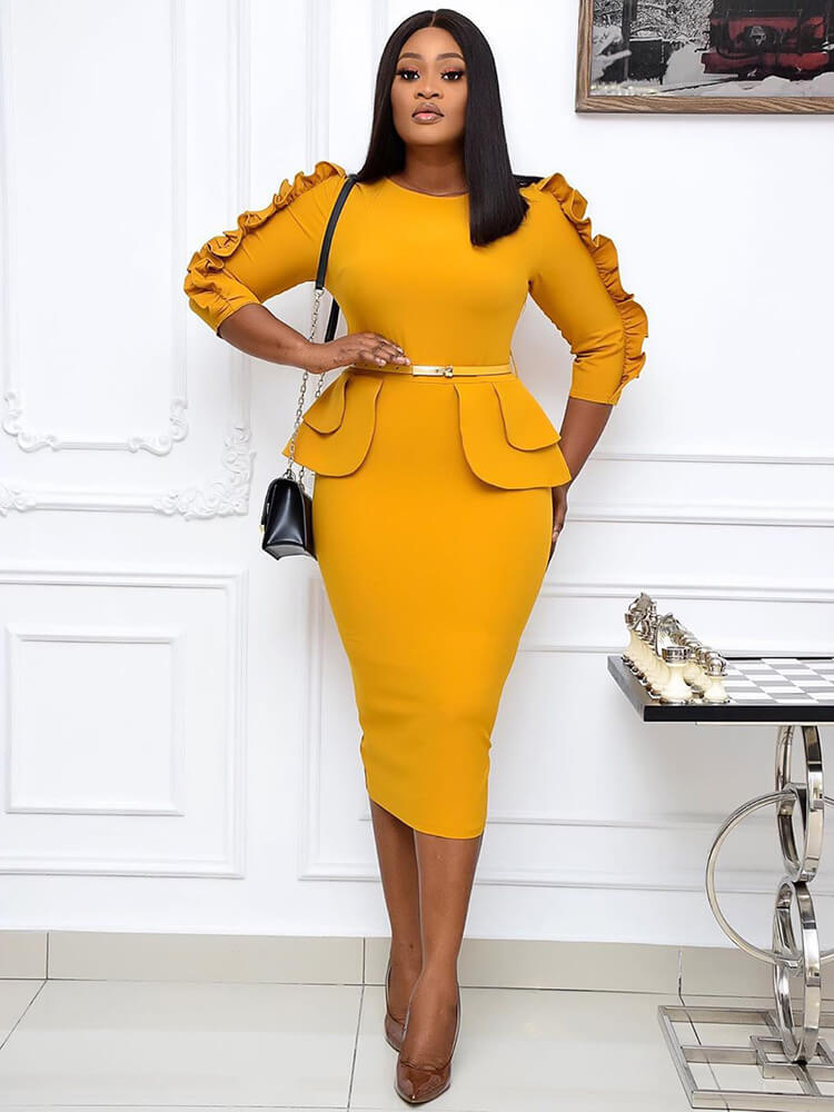 Office Lady Ruffle Long Sleeve Peplum Waist Pencil Dresses