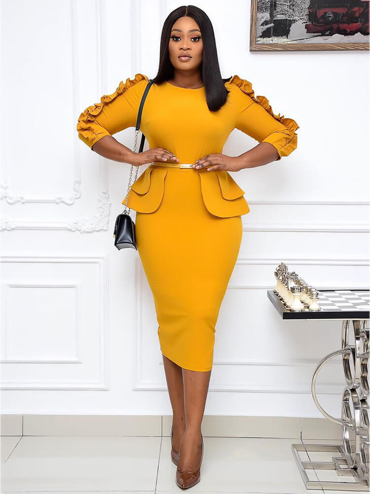 Office Lady Ruffle Long Sleeve Peplum Waist Pencil Dresses