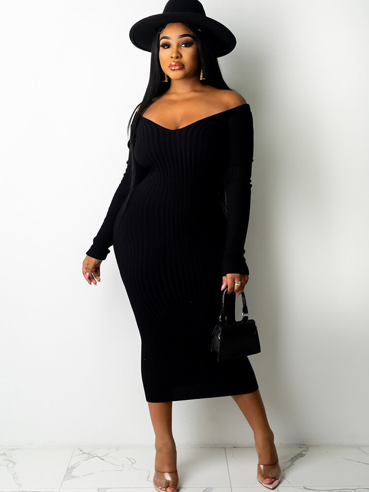 Ribbed Knit Solid Color Long Sleeve Bodycon Dresses