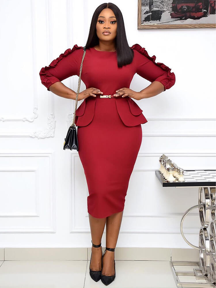 Office Lady Ruffle Long Sleeve Peplum Waist Pencil Dresses