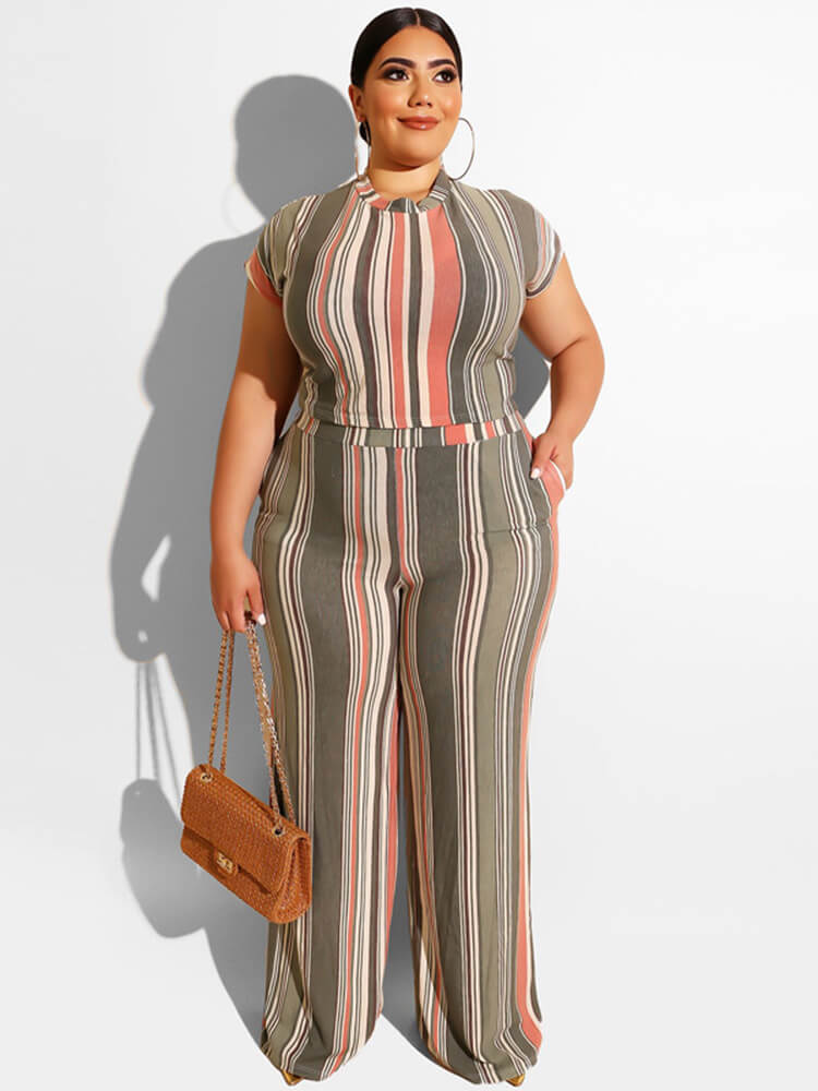 Plus Size Two Piece Stripes Crop Top + Long Pants Sets