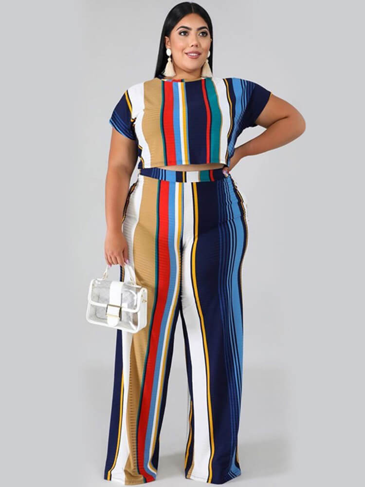 Plus Size Two Piece Stripes Crop Top + Long Pants Sets