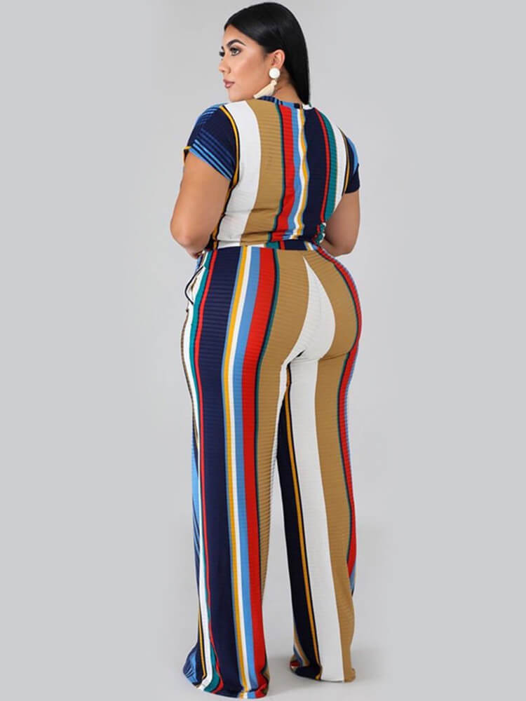 Plus Size Two Piece Stripes Crop Top + Long Pants Sets