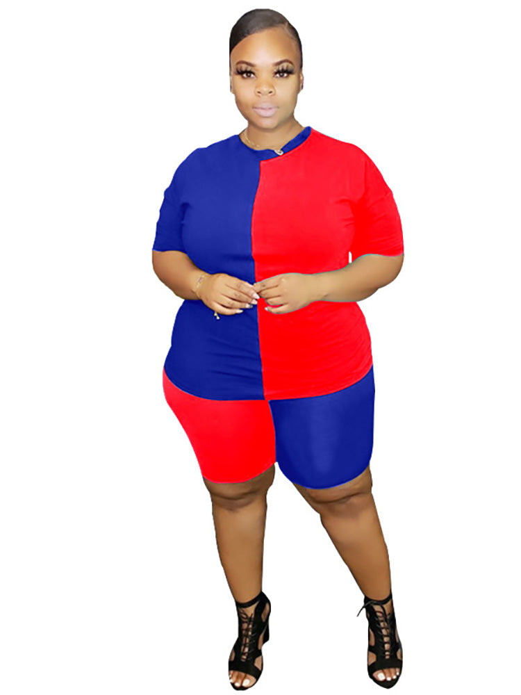 Plus Size 2 Piece Color Block T-Shirt+Shorts Sets Tracksuits