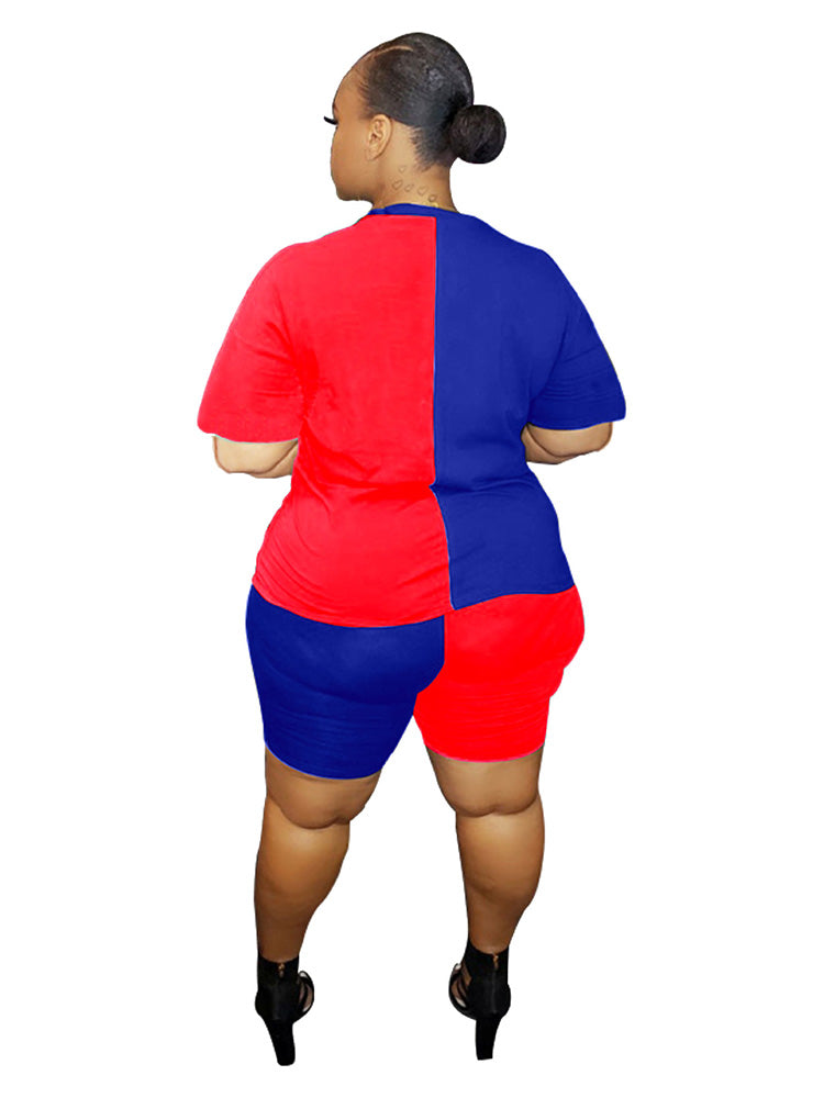 Plus Size 2 Piece Color Block T-Shirt+Shorts Sets Tracksuits