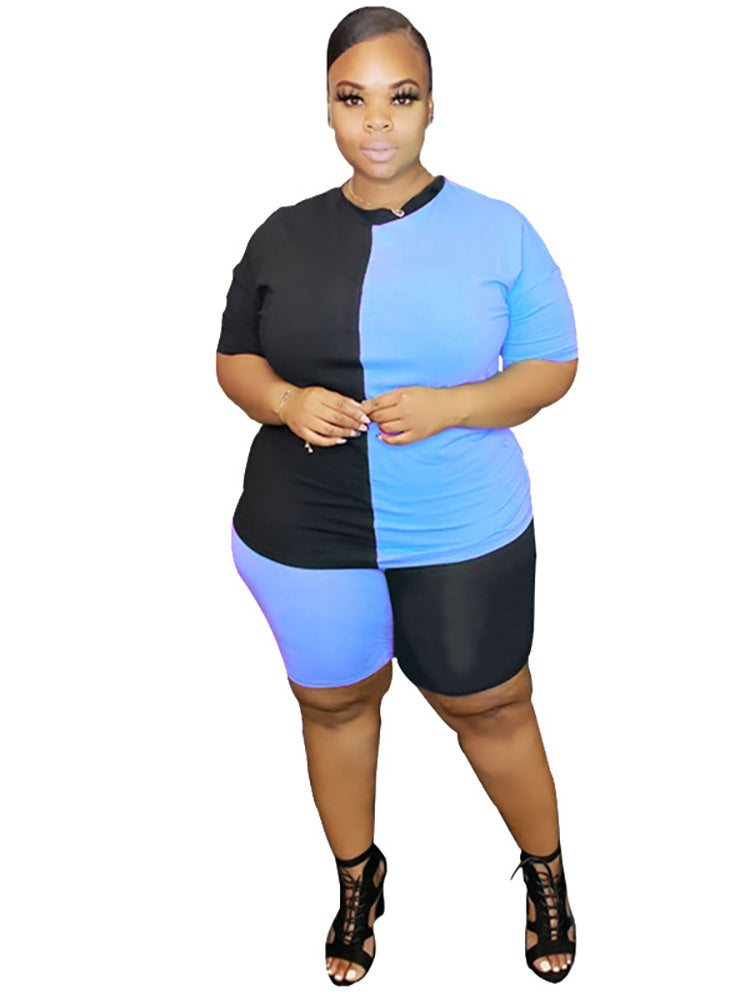 Plus Size 2 Piece Color Block T-Shirt+Shorts Sets Tracksuits