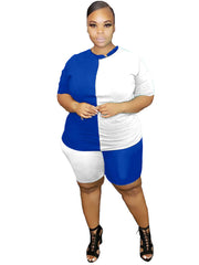 Plus Size 2 Piece Color Block T-Shirt+Shorts Sets Tracksuits