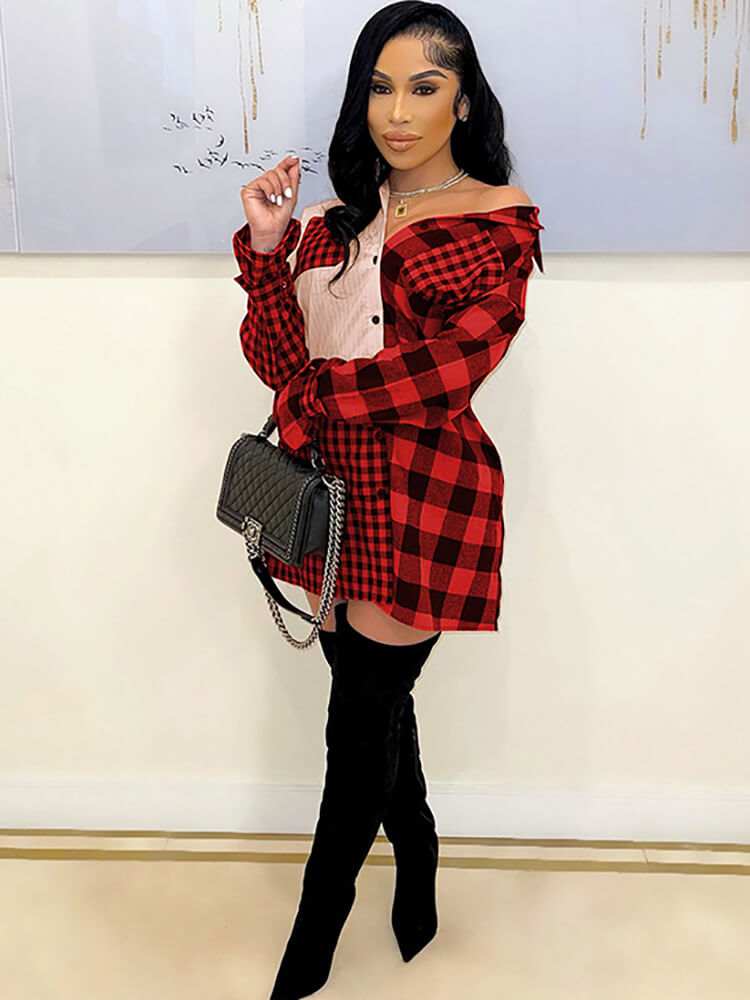 Patchwork Long Sleeve Plaid Print Button Mini Dress