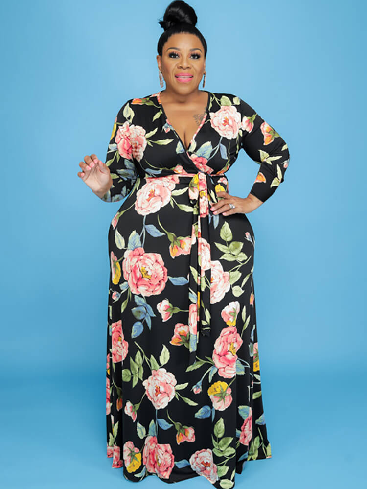 Plus Size Floral Print Long Sleeve Maxi Dress