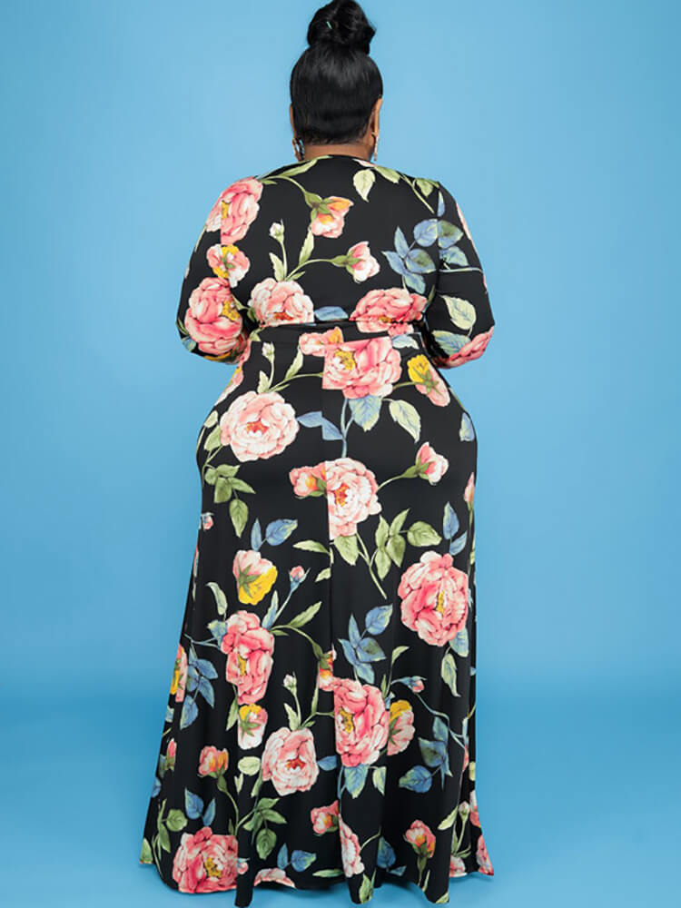 Plus Size Floral Print Long Sleeve Maxi Dress