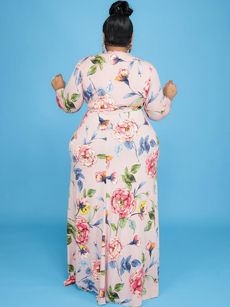 Plus Size Floral Print Long Sleeve Maxi Dress