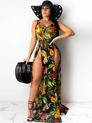 Floral Print Mesh Split Maxi Dresses Cover up