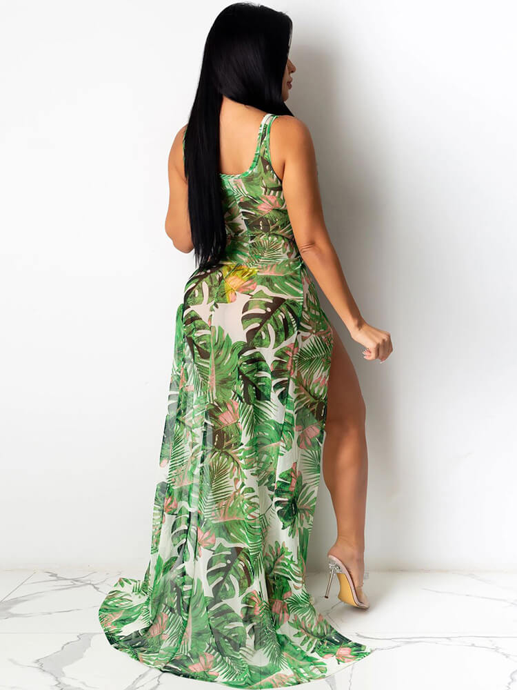 Floral Print Mesh Split Maxi Dresses Cover up