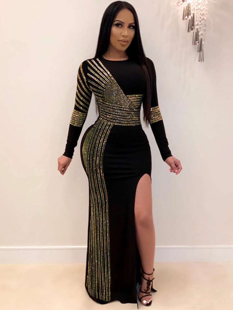 Long Sleeve Hot Drilling Sequins High Split Maxi Dresses