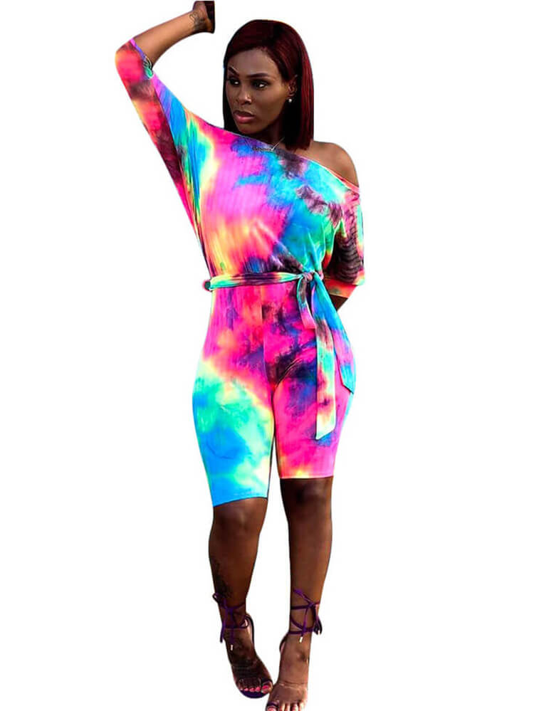 Off Shoulder Tie Dye Short Jumpsuits