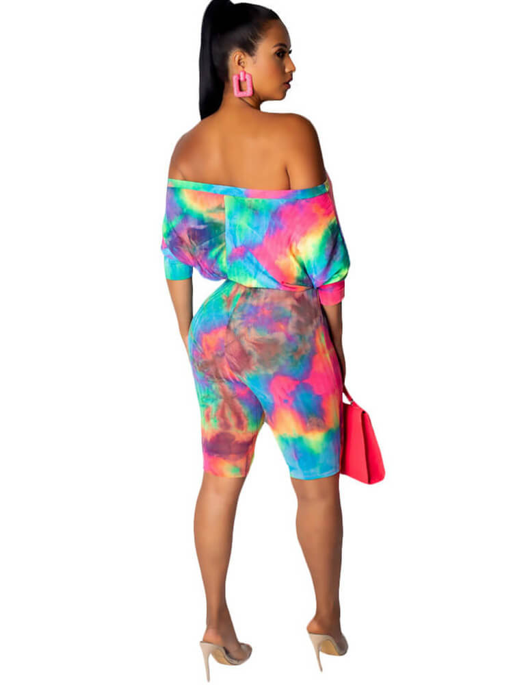 Off Shoulder Tie Dye Short Jumpsuits