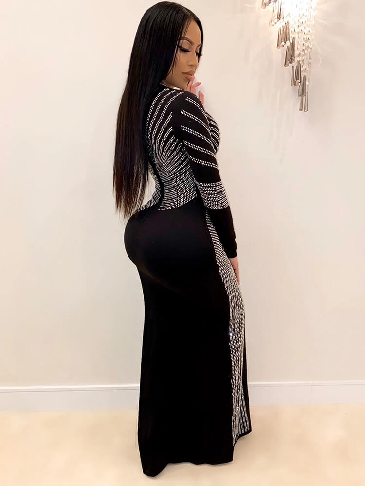 Long Sleeve Hot Drilling Sequins High Split Maxi Dresses