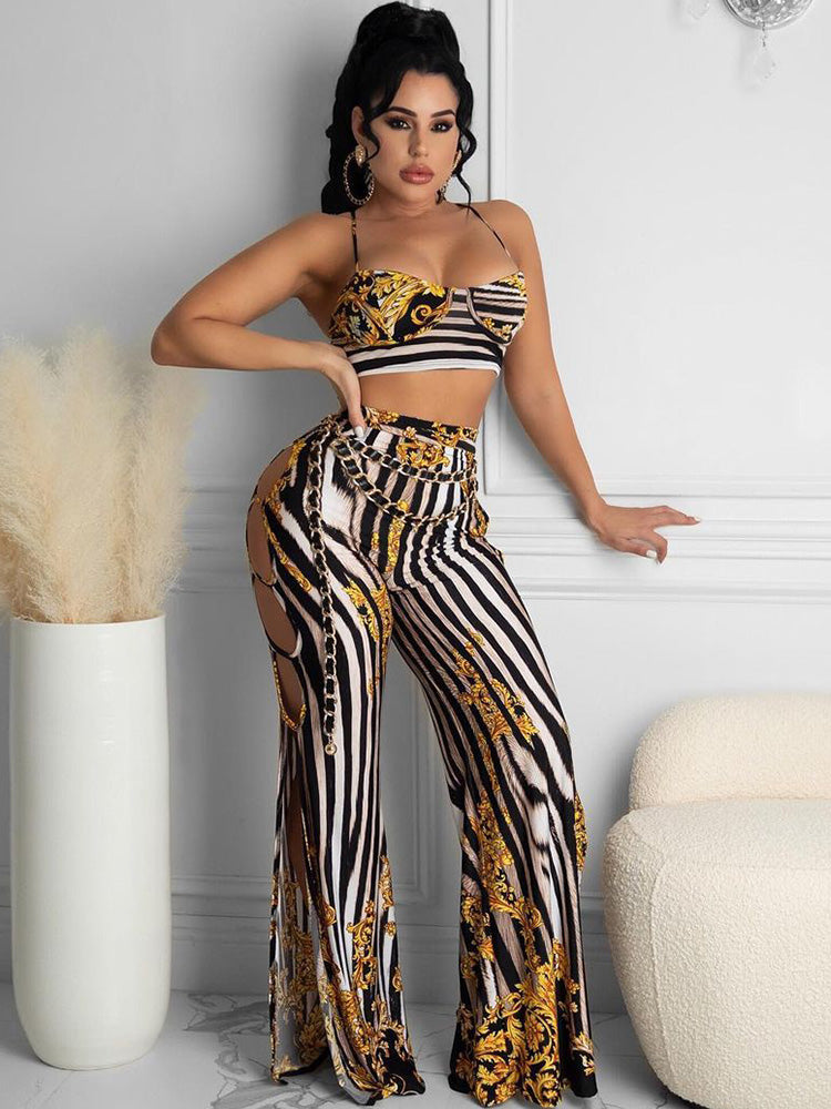 Two Pieces Spaghetti Strap Wrap Chest Long Pants