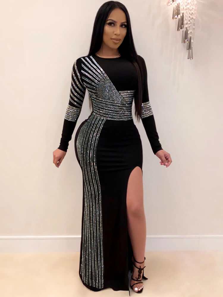 Long Sleeve Hot Drilling Sequins High Split Maxi Dresses