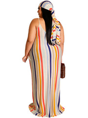 Plus Size Stripe Print Belt Sundress Maxi Dresses