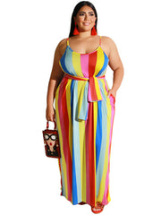 Plus Size Stripe Print Belt Sundress Maxi Dresses