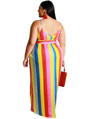 Plus Size Stripe Print Belt Sundress Maxi Dresses